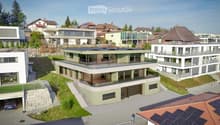 Raised ground floor house with solar panels on the roof, garage, balconies, multiple windows