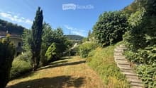 A well-maintained garden with a grassy lawn, tall trees, and a stone staircase leading up a slope.