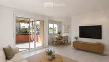 Bright living and dining area with white walls, tiled floor, large sliding glass doors leading to a balcony, sofa, coffee table, TV, dining table, and chairs.