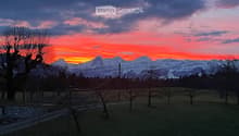 A serene outdoor scene at sunset with snow-capped mountains in the background, a grassy field, scattered trees, and a stone wall on the left side.