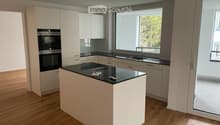 Modern kitchen with white cabinets, black countertops, an island, and built-in oven. Large window provides natural light.