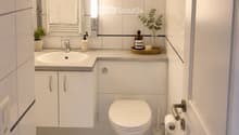 Modern bathroom with white tiles, a sink, a toilet, a mirror, and a small plant on the counter.
