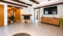 Living room with exposed wooden beams, fireplace, television, wooden cabinet, potted plants, and a rug.