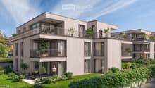 Modern, multi-story residential building with balconies, large windows, and surrounding greenery.