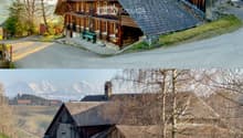 Traditional wooden house, steep roof, wooden exterior, multiple windows, green bench, surrounded by trees and grass, mountain view