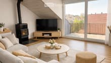 Modern living room with wooden floors, slanted wooden ceiling, large windows, balcony access, sofa, coffee table, television, fireplace, and decorative items.
