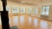 Empty room with wooden flooring, large windows, and a central heating stove. No furniture or equipment present.