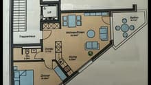 Floor plan of "Flims Waldhaus" showing a living/dining area, kitchen, bedroom, entrance, staircase, lift, and balcony.