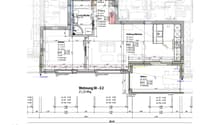 Floor plan of a 2.5-room apartment, including living room, kitchen, 2 bedrooms, 2 bathrooms, and a balcony.