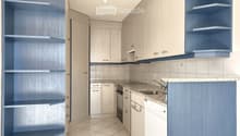 modern kitchen, white cabinets, blue shelves, granite countertop, stainless steel sink, dishwasher, washing machine, ceiling lights