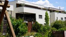 Modern two-story building with white facade, large windows, and a balcony. The surrounding area includes a garden with various plants and a wooden structure, likely part of a residential complex.