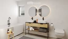 Modern bathroom with a bathtub, double sink vanity, large mirrors, and a small wooden stool holding toiletries.