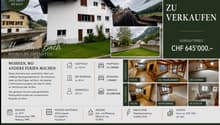 Real estate advertisement for a house in Vattis, Switzerland, featuring a two-story building with a garden, garage, and multiple rooms including a kitchen, living/dining room, bedroom, and bathroom.
