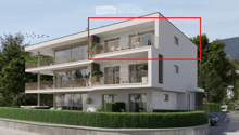 Modern two-story house with white exterior, large windows, multiple balconies, and a landscaped garden.