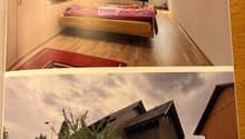 The image shows a two-page spread featuring a modern bedroom with a raised bed and a view of a contemporary house exterior with a garage and parked cars.