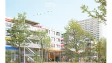 A modern multi-story residential building with colorful facades, balconies, and a central staircase leading to a communal outdoor area with trees and seating.