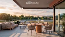 Balcony with a scenic view, featuring a sofa, coffee table, dining table, chairs, and decorative vases.