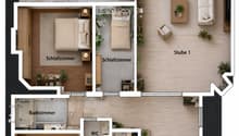 Floor plan of a modern apartment with three bedrooms, a living room, a kitchen, a bathroom, and a balcony.