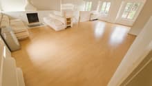 empty room, wooden floor, fireplace, couch, white walls