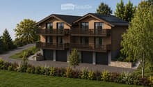Two-story wooden house with multiple balconies, large garage, and landscaped surroundings.
