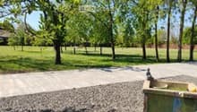 Outdoor area with gravel ground, trees, and a small green container.