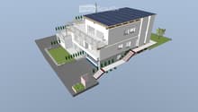 3D model of a modern two-story house with solar panels on the roof, surrounded by a landscaped garden and driveway.