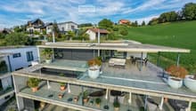 Modern two-story house with a large terrace and glass railings, surrounded by greenery and potted plants. The house features a flat roof and contemporary design.