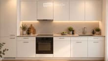 Modern kitchen with white cabinets, stainless steel appliances, and a clean, minimalist design. Features an oven, sink, and countertop with decorative items like potted plants and a bowl of fruit.