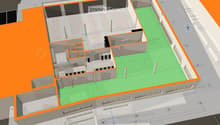 3D floor plan of a multi-level building with labeled rooms, including a garage, garden, and commercial space. Dimensions and room labels are visible.