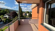Balcony with metal railing, pink floor, overlooking a residential area with houses, trees, and a mountain in the background.