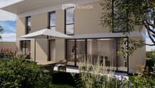 Modern house exterior with large windows, sliding glass doors, outdoor patio furniture, and lush garden with colorful flowers and greenery.