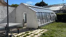 Outdoor area with a small greenhouse, a ping pong table, and a basketball hoop. The ground is partially covered with grass and concrete tiles.
