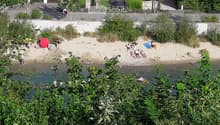 A sandy beach area with people relaxing, sunbathing, and swimming in the water. The area is surrounded by greenery and a concrete wall with graffiti.