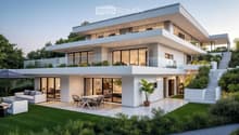 Modern two-story house with white exterior, large glass windows, spacious outdoor patio with seating, and well-maintained garden.