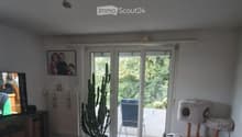 A cozy living room with a red sofa, a small round table with a Coca-Cola glass, a cat tree, a large cactus in a pot, a television, and a picture frame on the wall. The room has wooden flooring and large glass doors leading to a patio.