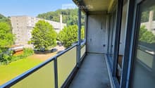 Balcony with concrete floor, glass railing, and view of green park and buildings.