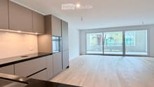 Open-plan kitchen and living area with light wood flooring, modern cabinetry, and large glass sliding doors leading to an outdoor space.