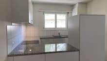 Modern kitchen with granite countertops, white cabinets, stainless steel sink, and a built-in refrigerator.