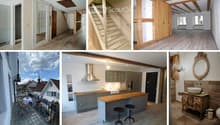 The collage shows six images of the house's interior: a hallway with a wooden door, a staircase with a railing, an empty room with wooden beams, a kitchen with gray cabinets and a wooden countertop, a bathroom with a wooden vanity and a round mirror, and
