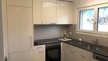 Modern kitchen with white cabinets, black countertops, built-in oven, sink, and decorative items on the counter.