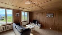 Bright living room with wooden walls and ceiling, large windows offering a scenic view, grey sofa, white coffee table, TV stand, and a small flower vase.