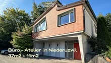 2 story house, brick facade, garage, red entrance door, car parked in front