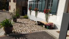 A cobblestone pathway leads to a house entrance, flanked by potted plants and hanging flower baskets. The house features white walls, green shutters, and a small wooden bench near the entrance.