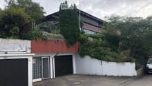 Two-story house with a red roof, white walls, garage, and greenery on the roof.