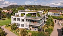 Modern white house with large windows, green roof, and surrounding garden with outdoor seating area.