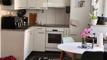 Modern kitchen with white cabinets, stainless steel appliances, a round dining table with chairs, and decorative flower pots.