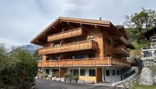 A large, multi-story wooden house with multiple balconies, situated in a scenic mountainous area with a paved driveway and surrounding greenery.