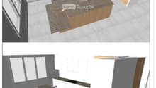 3D floor plan of a modern kitchen with wooden cabinets, granite countertops, built-in appliances, and ample workspace.