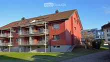 red building with several balconies, gray walls, brown roof, brick ground, garden in front