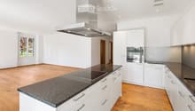Modern kitchen with white cabinets, granite countertops, induction cooktop, built-in oven, and range hood. Wooden flooring and large window with view of greenery.